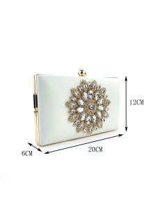 White Satin Evening Clutch Bag with Floral Pattern Set with Sparkling Crystals