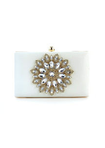 White Satin Evening Clutch Bag with Floral Pattern Set with Sparkling Crystals