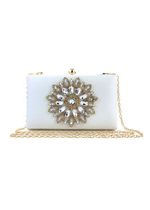 White Satin Evening Clutch Bag with Floral Pattern Set with Sparkling Crystals