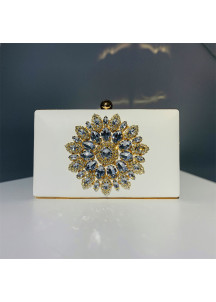 White Satin Evening Clutch Bag with Floral Pattern Set with Sparkling Crystals