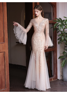 Sparkly Sequin Champagne Mermaid Long Evening Gown