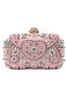 Bolso de Mano de Noche de Seda Rosa Pálida con Strass Brillantes