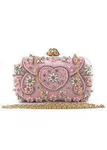 Bolso de Mano de Noche de Seda Rosa Pálida con Strass Brillantes