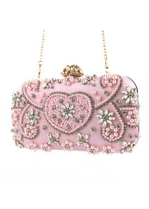 Bolso de Mano de Noche de Seda Rosa Pálida con Strass Brillantes