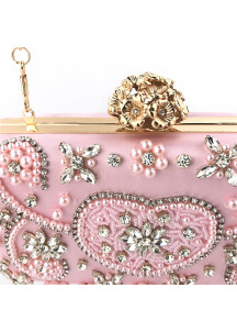 Bolso de Mano de Noche de Seda Rosa Pálida con Strass Brillantes