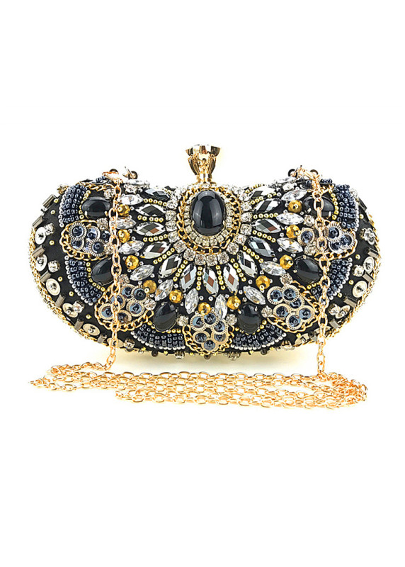 Bolso de Mano de Noche Retro con Strass Negro y Dorado