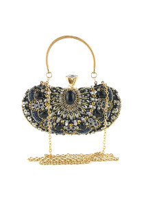 Bolso de Mano de Noche Retro con Strass Negro y Dorado