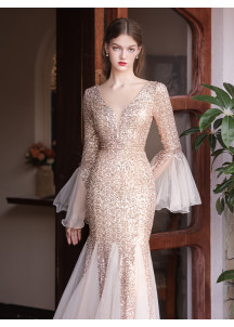 Sparkly Sequin Champagne Mermaid Long Evening Gown