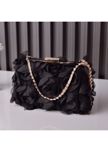 Bolso de Mano de Noche con Flores de Chifón Negro