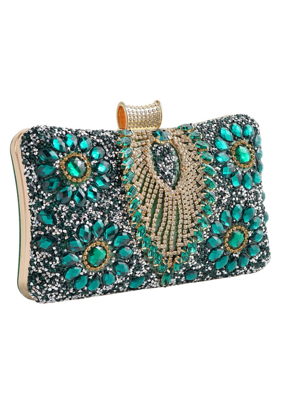 Evening Clutch with Emerald and Gold Strass in Floral Composition