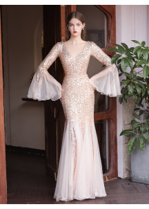 Sparkly Sequin Champagne Mermaid Long Evening Gown