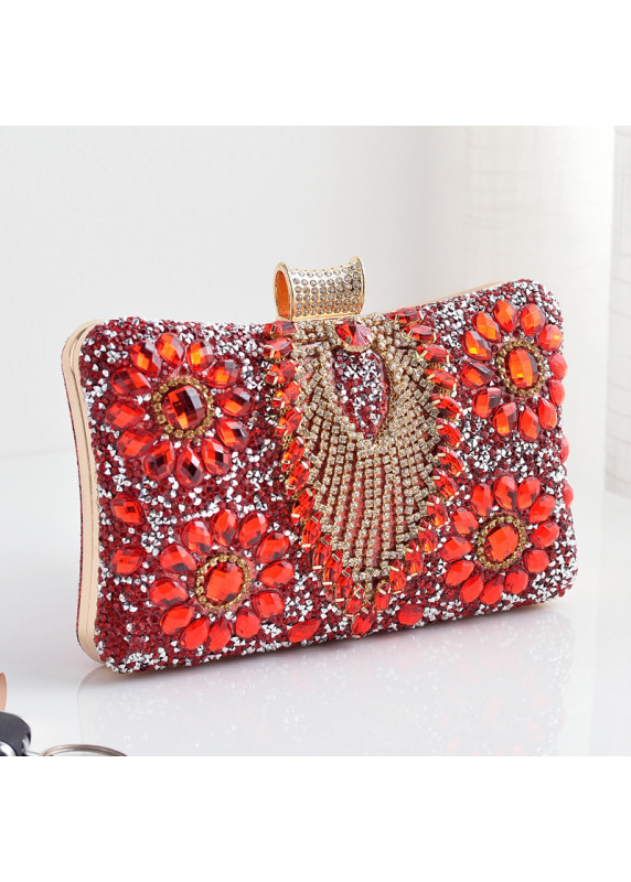 Evening Clutch with Emerald and Gold Strass in Floral Composition