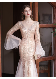 Sparkly Sequin Champagne Mermaid Long Evening Gown