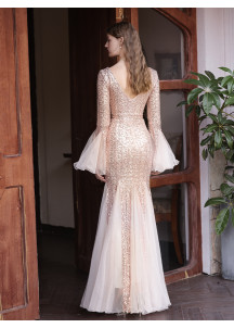 Sparkly Sequin Champagne Mermaid Long Evening Gown