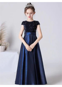 encantador vestido de dama de honor en azul marino para niñas