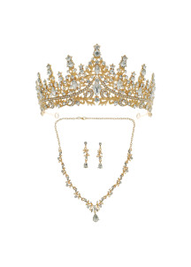 Golden Jewelry Set with Sparkling Crystals: Diadem, Necklace, and Earrings