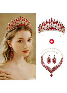 Conjunto de joyería de noche reforzado con piedras rojas centelleantes (diadema + collar + pendientes)