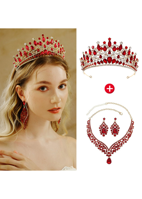 parure soirée rehaussé par les pierres rouges étincelants (diadème + collier + boucles d'oreilles)