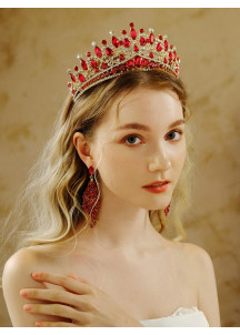 Evening Jewelry Set Adorned with Sparkling Red Stones (Tiara + Necklace + Earrings)