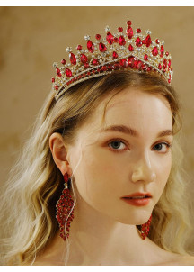 Evening Jewelry Set Adorned with Sparkling Red Stones (Tiara + Necklace + Earrings)