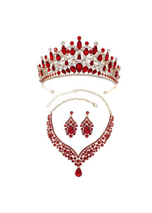 Conjunto de joyería de noche reforzado con piedras rojas centelleantes (diadema + collar + pendientes)