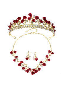 Conjunto de joyería de rosas rojas brillantes (Diadema + Collar + Pendientes)