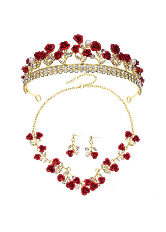 Red Rose Jewelry Set (Diadem + Necklace + Earrings)