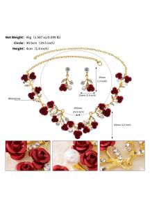 Conjunto de joyería de rosas rojas brillantes (Diadema + Collar + Pendientes)