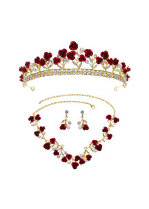 Conjunto de joyería de rosas rojas brillantes (Diadema + Collar + Pendientes)