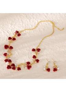 Conjunto de joyería de rosas rojas brillantes (Diadema + Collar + Pendientes)