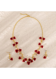 Conjunto de joyería de rosas rojas brillantes (Diadema + Collar + Pendientes)