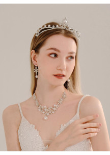 Crystal, pearl, and rhinestone set with floral motifs (tiara + necklace + earrings)