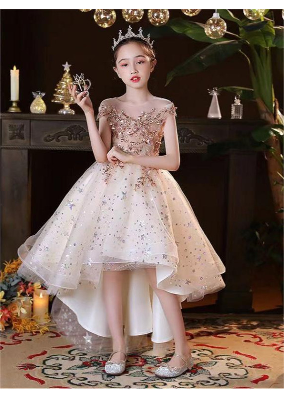 robe de fille d'honneur féerique en tulle champagne