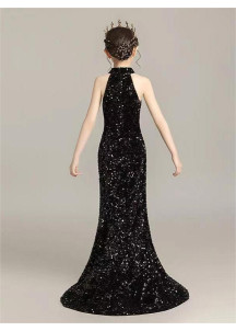 robe de fille d'honneur en sequins noirs étincelants