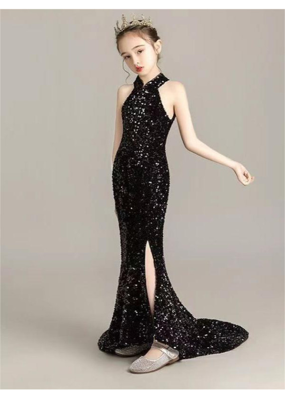 robe de fille d'honneur en sequins noirs étincelants