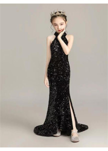 robe de fille d'honneur en sequins noirs étincelants