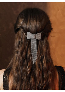 Beautiful Bow-Chain Fringe Hair Barrette with Sparkling Crystals