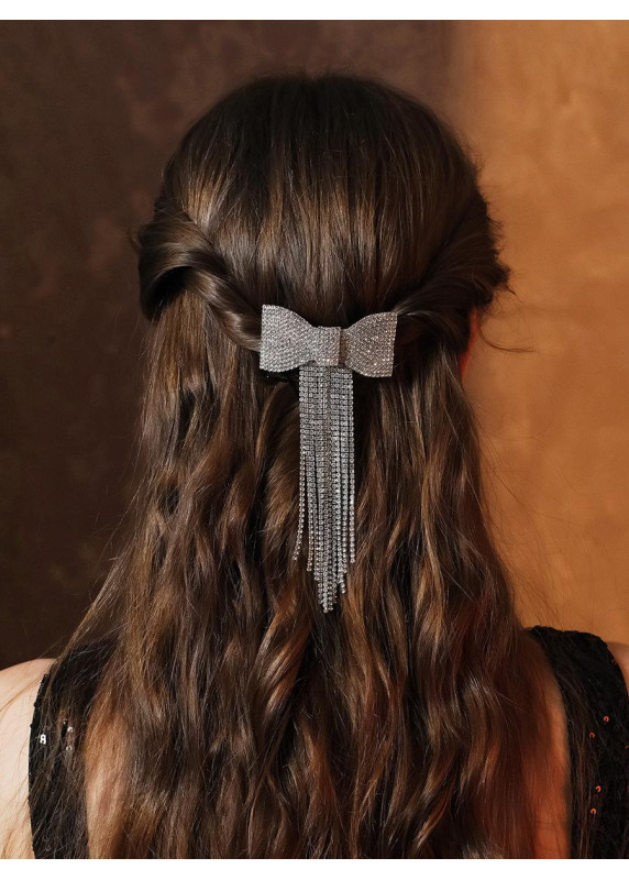 Beautiful Bow-Chain Fringe Hair Barrette with Sparkling Crystals