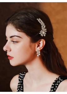 Side Barrette with Floral Design and Cut Rhinestones (Barrette and Earrings Set)