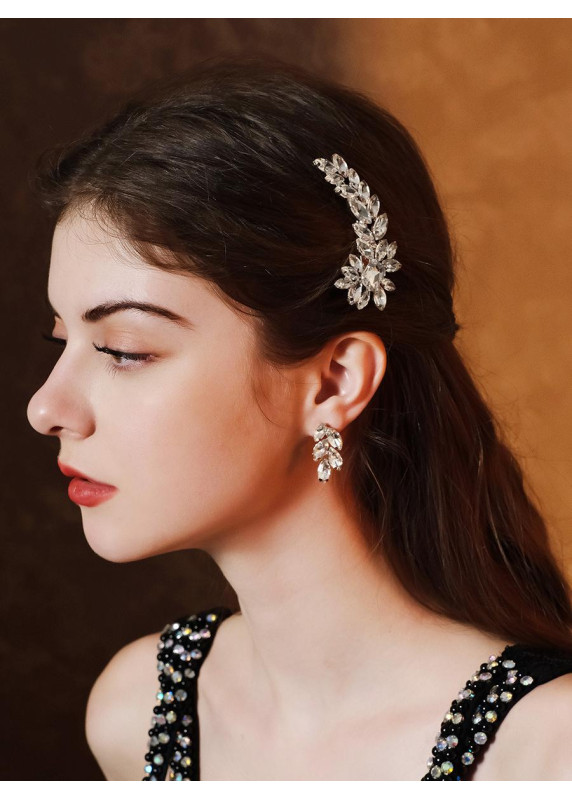 Side Barrette with Floral Design and Cut Rhinestones (Barrette and Earrings Set)