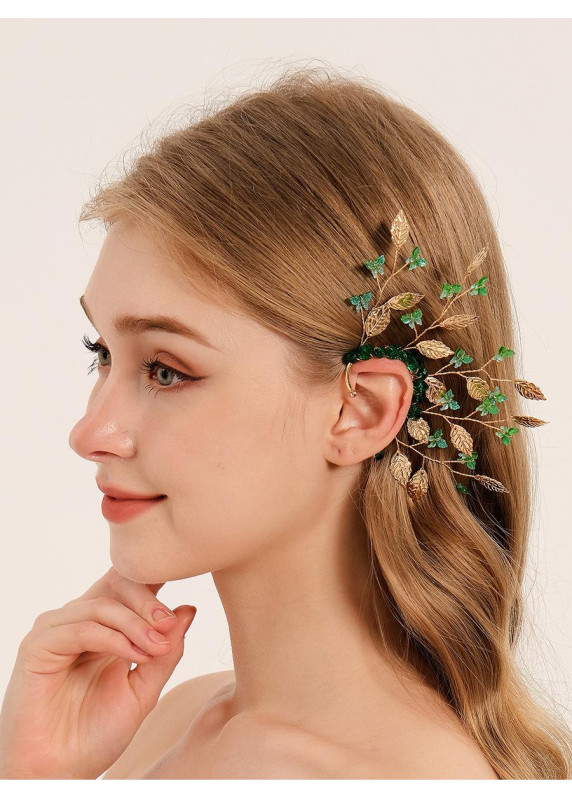 ornement capillaire d'oreille design naturel avec ses feuilles dorées et vertes (gauche)