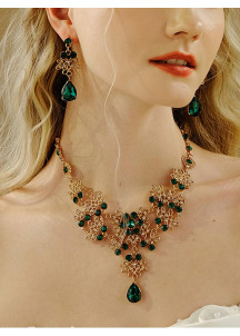 Evening Jewelry Set: Baroque Floral Design with Green Crystals