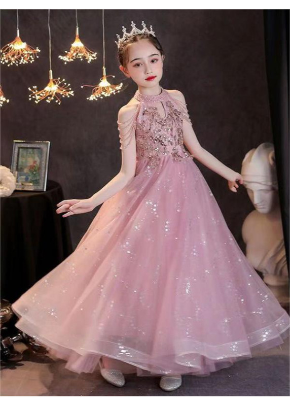 robe de fille d'honneur rose féerique en tulle vaporeux