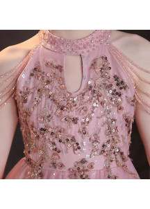 Vestido de dama de honor rosa feérico en tul vaporoso