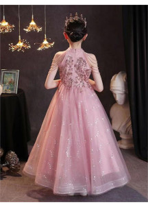 robe de fille d'honneur rose féerique en tulle vaporeux