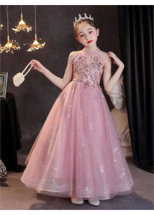 robe de fille d'honneur rose féerique en tulle vaporeux