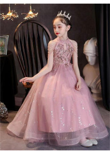 robe de fille d'honneur rose féerique en tulle vaporeux