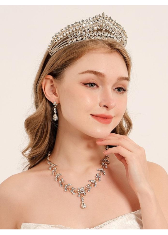 ensemble de bijoux mariée ornés de strass étincelants (diadème + collier + boucles d'oreilles)