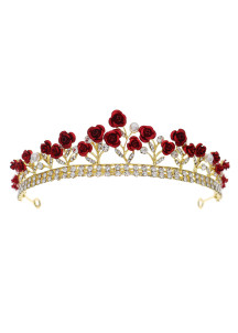 A Baroque Tiara Adorned with Red Roses and Sparkling Crystals