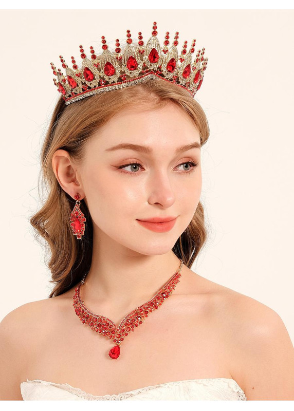 ensemble de bijoux style royal à pierres vertes scintillantes (diadème + collier + boucles d'oreilles)